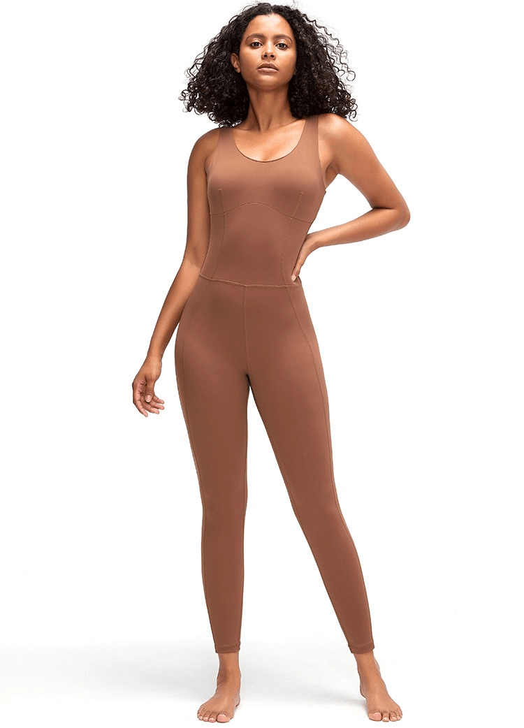 Brown one-piece women's fitness jumpsuit for yoga or sports, showcasing sleek design and perfect elasticity.
